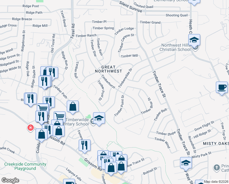 map of restaurants, bars, coffee shops, grocery stores, and more near 8702 Timberstone Street in San Antonio