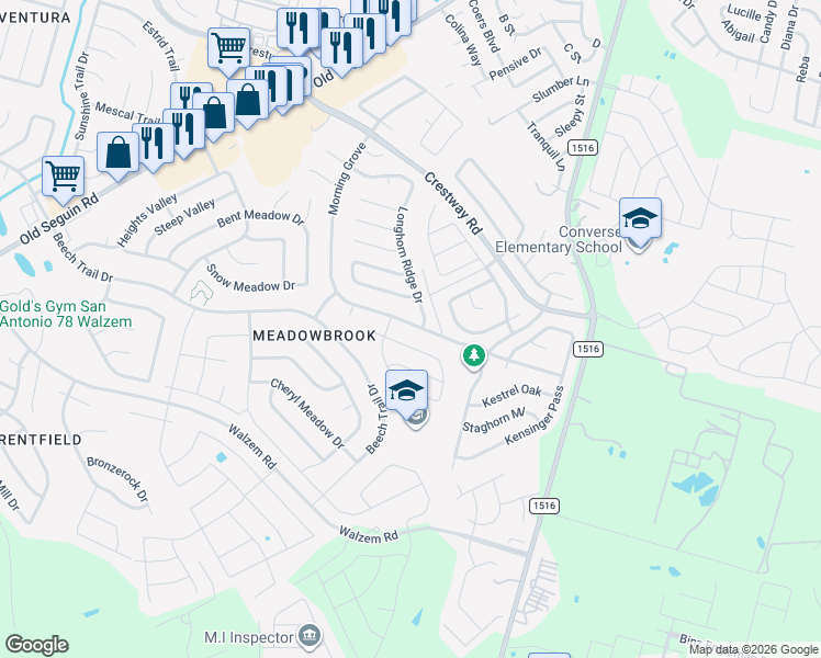 map of restaurants, bars, coffee shops, grocery stores, and more near 8226 Morning Grove in Converse