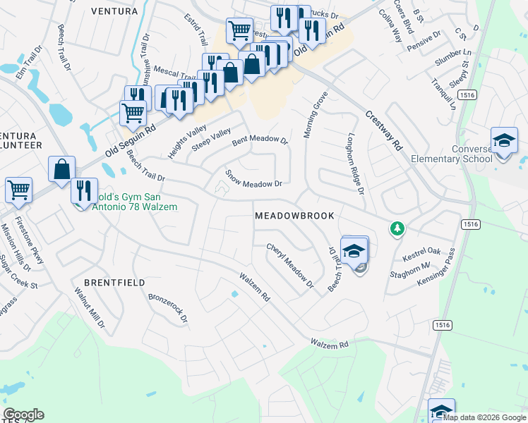 map of restaurants, bars, coffee shops, grocery stores, and more near 6558 Beech Trail Drive in Converse