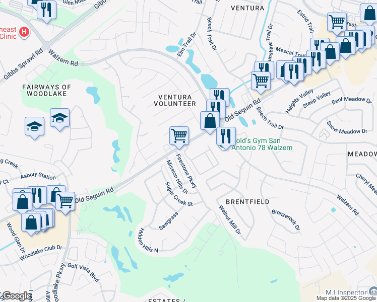 map of restaurants, bars, coffee shops, grocery stores, and more near 7619 Farm to Market Road 78 in San Antonio