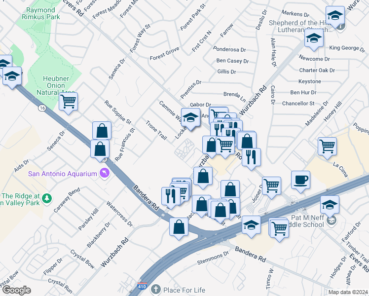 map of restaurants, bars, coffee shops, grocery stores, and more near 5900 Evers Road in San Antonio