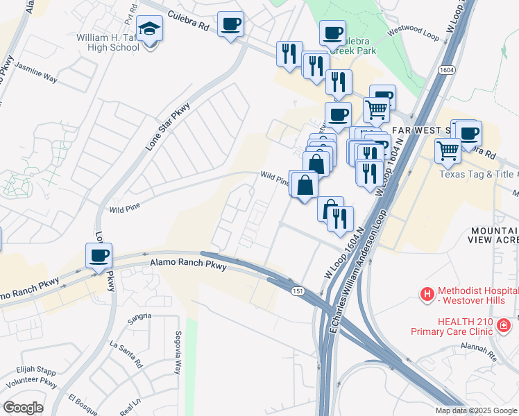 map of restaurants, bars, coffee shops, grocery stores, and more near 11211 Westwood Loop in San Antonio