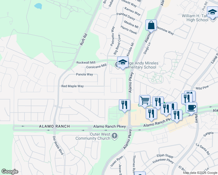map of restaurants, bars, coffee shops, grocery stores, and more near 5723 Grayson Cove in San Antonio