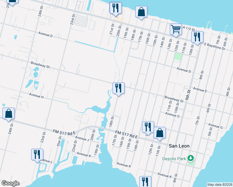 map of restaurants, bars, coffee shops, grocery stores, and more near 610 18th Street in San Leon