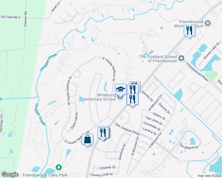 map of restaurants, bars, coffee shops, grocery stores, and more near 504 East Castle Harbour Drive in Friendswood