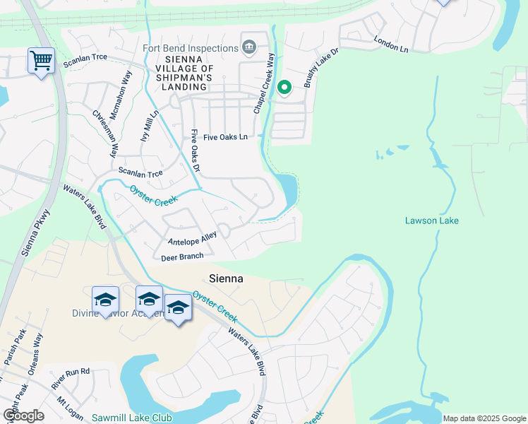 map of restaurants, bars, coffee shops, grocery stores, and more near 2806 5 Oaks Drive in Missouri City