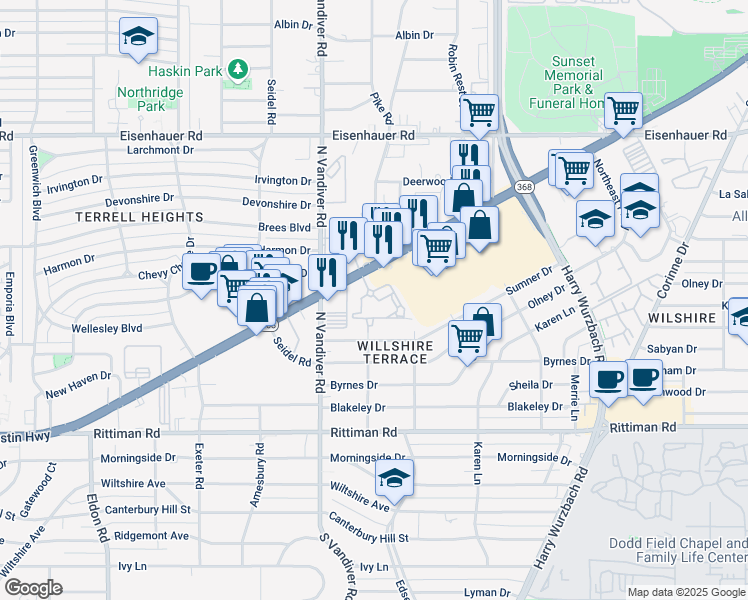 map of restaurants, bars, coffee shops, grocery stores, and more near 1320 Austin Highway in San Antonio