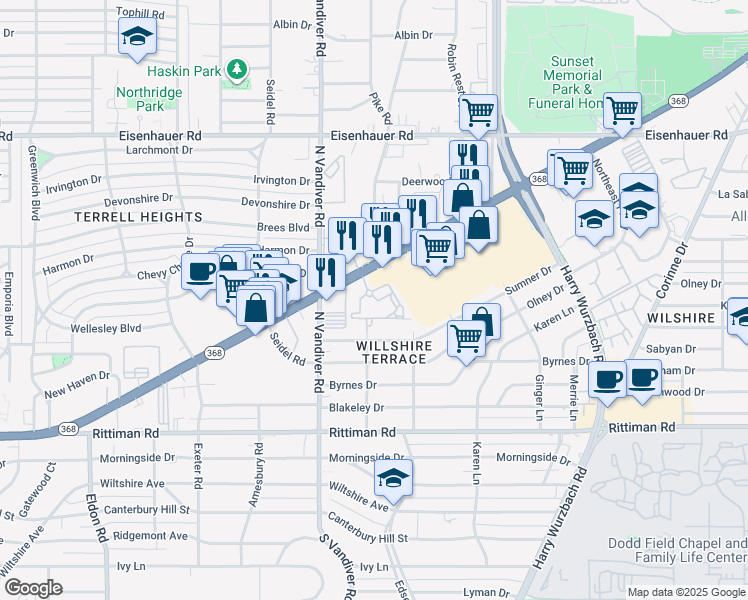 map of restaurants, bars, coffee shops, grocery stores, and more near 1320 Austin Highway in San Antonio