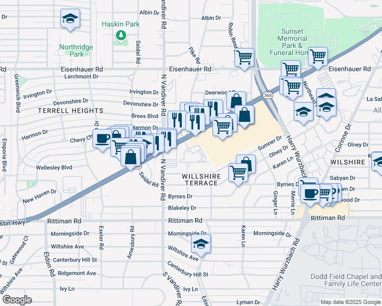 map of restaurants, bars, coffee shops, grocery stores, and more near 1320 Austin Highway in San Antonio
