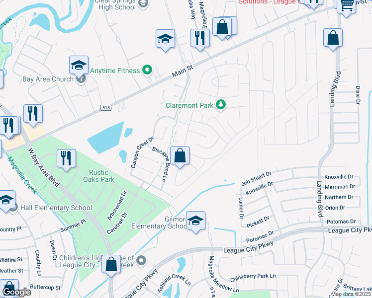 map of restaurants, bars, coffee shops, grocery stores, and more near 4428 Blossomwood Lane in League City