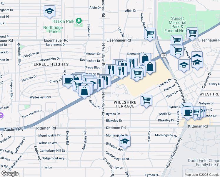 map of restaurants, bars, coffee shops, grocery stores, and more near 1320 Austin Highway in San Antonio