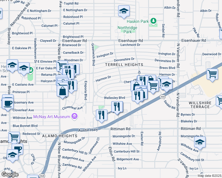 map of restaurants, bars, coffee shops, grocery stores, and more near 128 Chevy Chase Drive in San Antonio