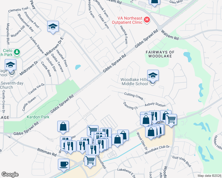 map of restaurants, bars, coffee shops, grocery stores, and more near 6807 Cutting Creek in San Antonio