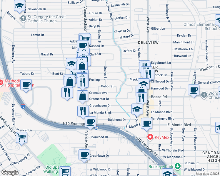 map of restaurants, bars, coffee shops, grocery stores, and more near 131 Cabot Street in San Antonio