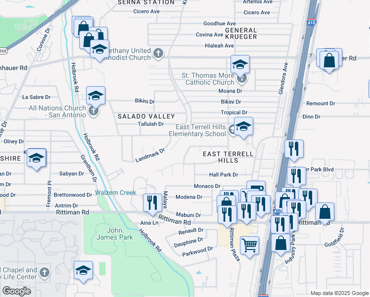 map of restaurants, bars, coffee shops, grocery stores, and more near 4203 Chestnut Hill Drive in San Antonio