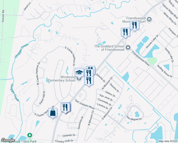 map of restaurants, bars, coffee shops, grocery stores, and more near 2000 West Parkwood Avenue in Friendswood