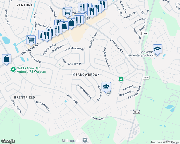 map of restaurants, bars, coffee shops, grocery stores, and more near 6491 Beech Trail Drive in Converse