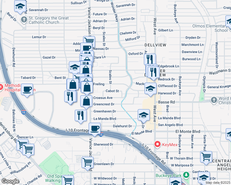 map of restaurants, bars, coffee shops, grocery stores, and more near 131 Cabot Street in San Antonio