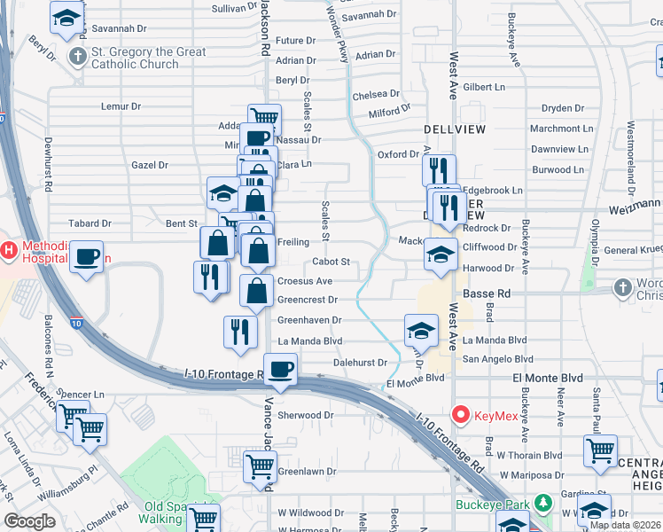 map of restaurants, bars, coffee shops, grocery stores, and more near 131 Cabot Street in San Antonio
