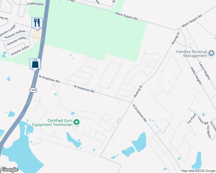 map of restaurants, bars, coffee shops, grocery stores, and more near 6411 Tallow Way in Converse