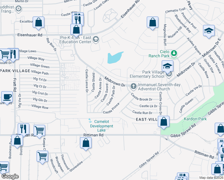 map of restaurants, bars, coffee shops, grocery stores, and more near 4847 Castle Path in San Antonio
