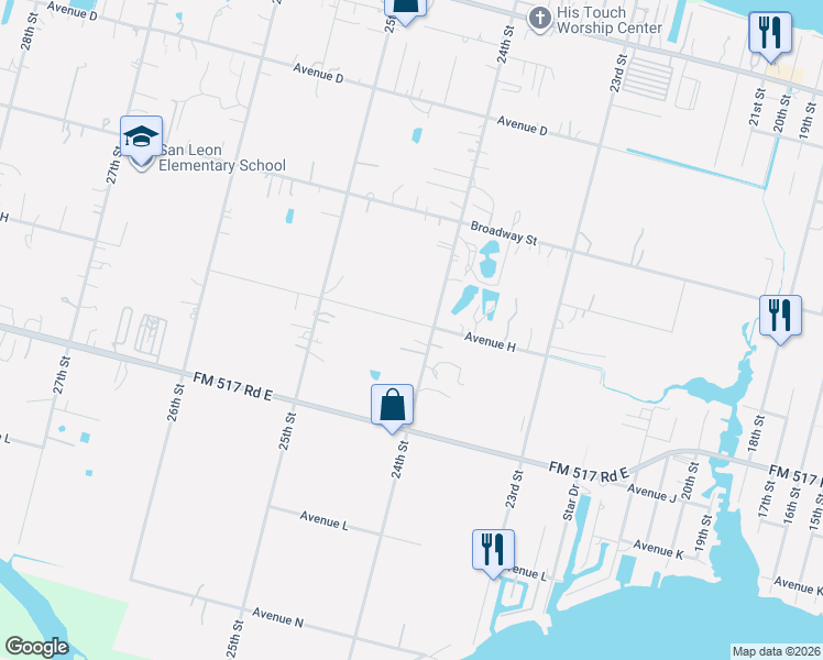 map of restaurants, bars, coffee shops, grocery stores, and more near 2425 Avenue H in Dickinson