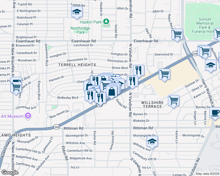 map of restaurants, bars, coffee shops, grocery stores, and more near 7060 Seidel Road in San Antonio