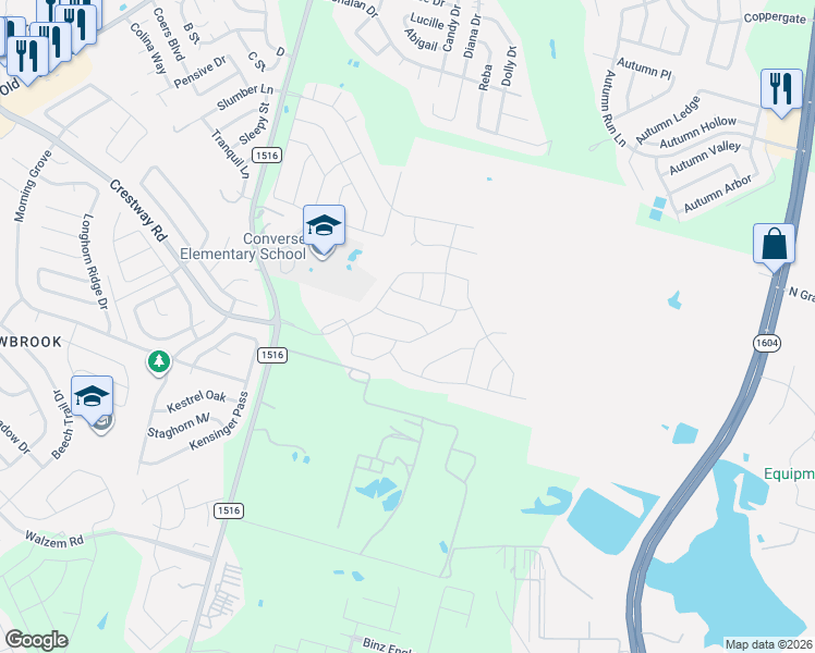 map of restaurants, bars, coffee shops, grocery stores, and more near 6534 Farm to Market 1516 in Converse