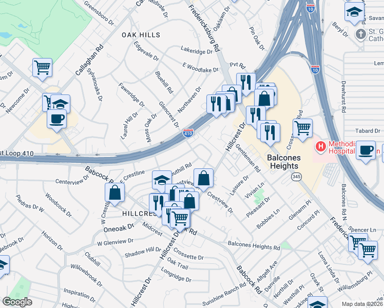 map of restaurants, bars, coffee shops, grocery stores, and more near 339 East Crestline Drive in San Antonio