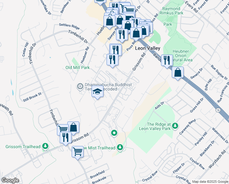 map of restaurants, bars, coffee shops, grocery stores, and more near 6011 Grissom Road in Leon Valley