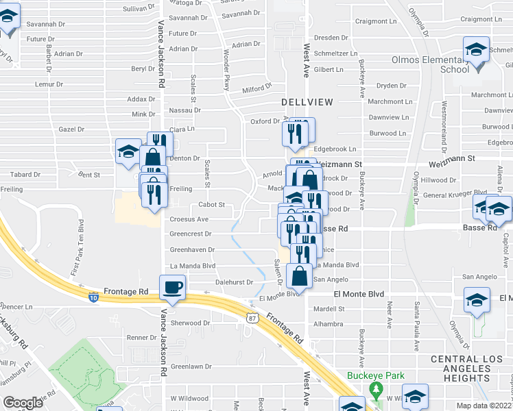 map of restaurants, bars, coffee shops, grocery stores, and more near 146 Freiling in San Antonio