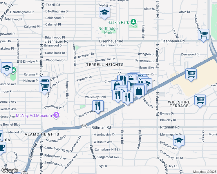 map of restaurants, bars, coffee shops, grocery stores, and more near 181 Bryn Mawr Drive in San Antonio