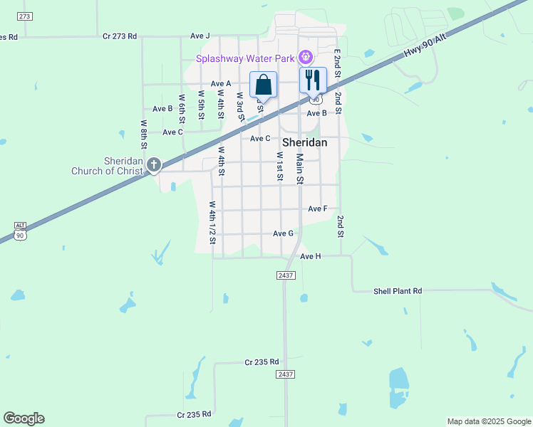 map of restaurants, bars, coffee shops, grocery stores, and more near 5802 West 2nd Street in Weimar