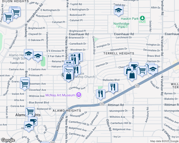 map of restaurants, bars, coffee shops, grocery stores, and more near 244 Emporia Boulevard in San Antonio