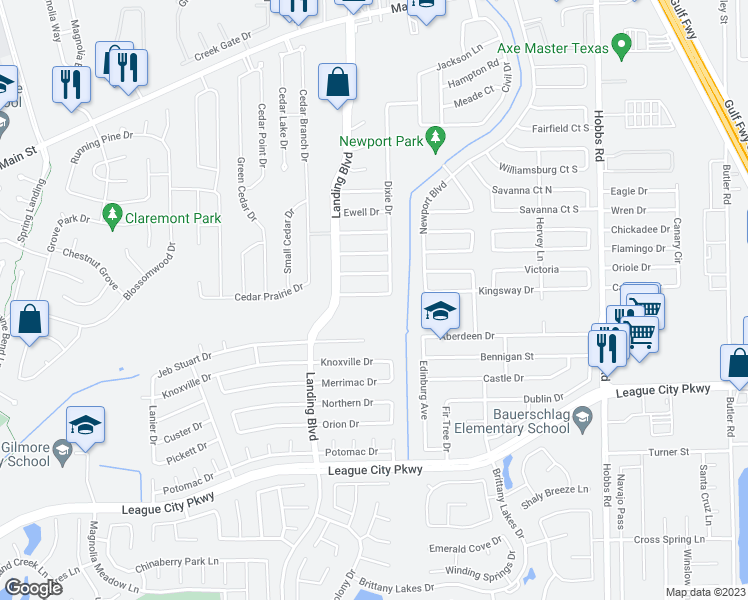 map of restaurants, bars, coffee shops, grocery stores, and more near 2507 Ironclad Drive in League City