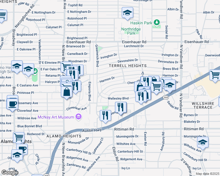map of restaurants, bars, coffee shops, grocery stores, and more near 128 Chevy Chase Drive in San Antonio