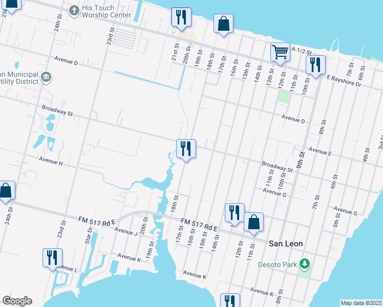 map of restaurants, bars, coffee shops, grocery stores, and more near 610 18th Street in San Leon