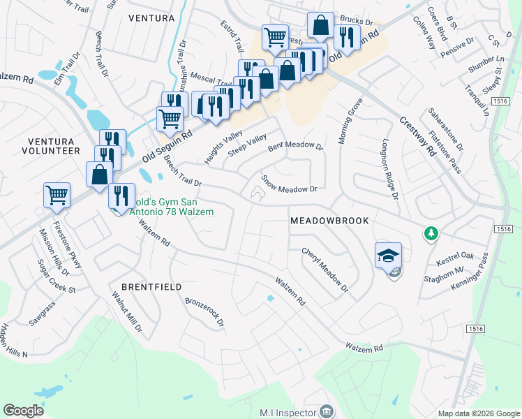 map of restaurants, bars, coffee shops, grocery stores, and more near 6582 Beech Trail Drive in Converse