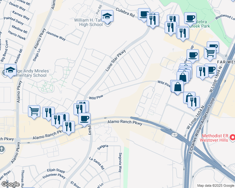 map of restaurants, bars, coffee shops, grocery stores, and more near 11580 Wild Pine in San Antonio