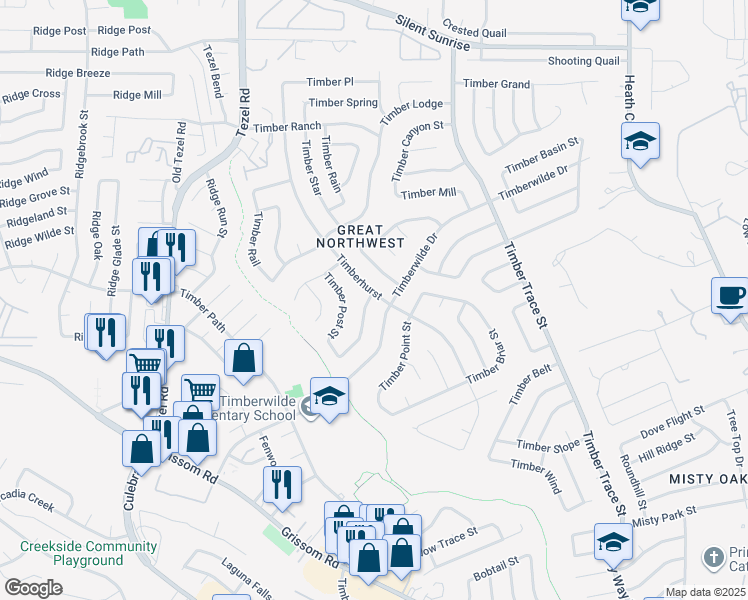 map of restaurants, bars, coffee shops, grocery stores, and more near 8702 Timberstone Street in San Antonio