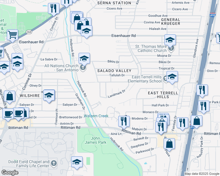 map of restaurants, bars, coffee shops, grocery stores, and more near 6723 Crosswell Street in San Antonio