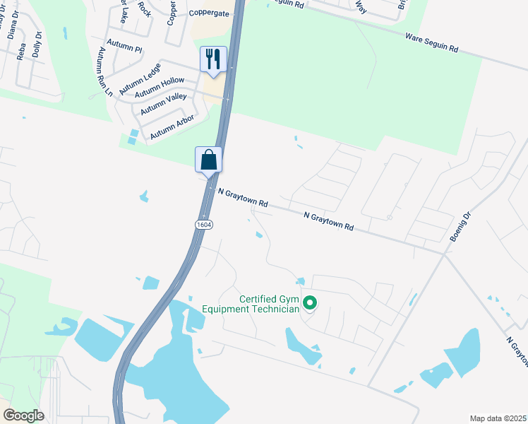 map of restaurants, bars, coffee shops, grocery stores, and more near 10107 Helios Heights in Converse