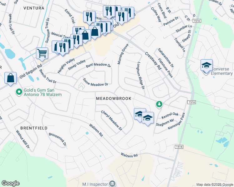 map of restaurants, bars, coffee shops, grocery stores, and more near 6491 Beech Trail Drive in Converse