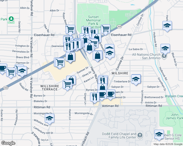 map of restaurants, bars, coffee shops, grocery stores, and more near 742 Olney Drive in San Antonio