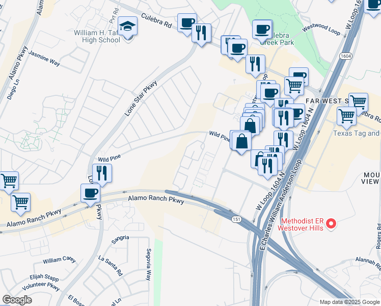 map of restaurants, bars, coffee shops, grocery stores, and more near 11300 Wild Pine in San Antonio