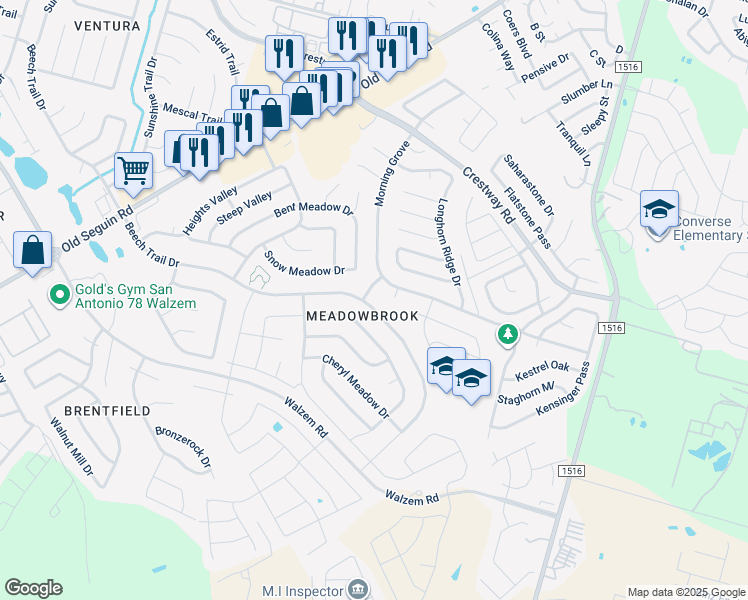 map of restaurants, bars, coffee shops, grocery stores, and more near 6491 Beech Trail Drive in Converse