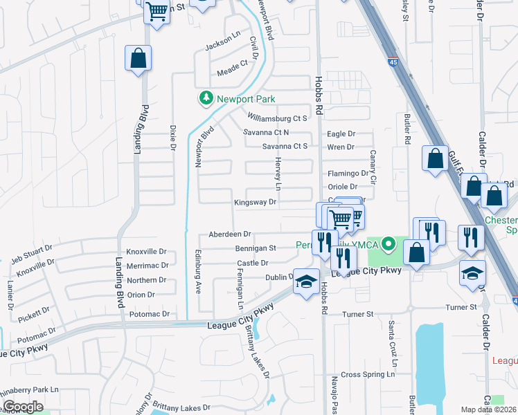 map of restaurants, bars, coffee shops, grocery stores, and more near 2111 Kingsway Dr in League City