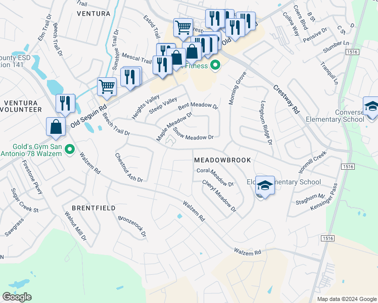 map of restaurants, bars, coffee shops, grocery stores, and more near 6558 Beech Trail Drive in Converse