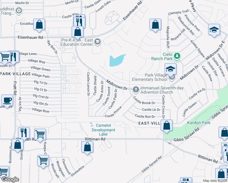map of restaurants, bars, coffee shops, grocery stores, and more near 4847 Castle Path in San Antonio