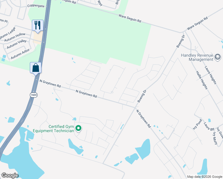 map of restaurants, bars, coffee shops, grocery stores, and more near 6411 Tallow Way in Converse